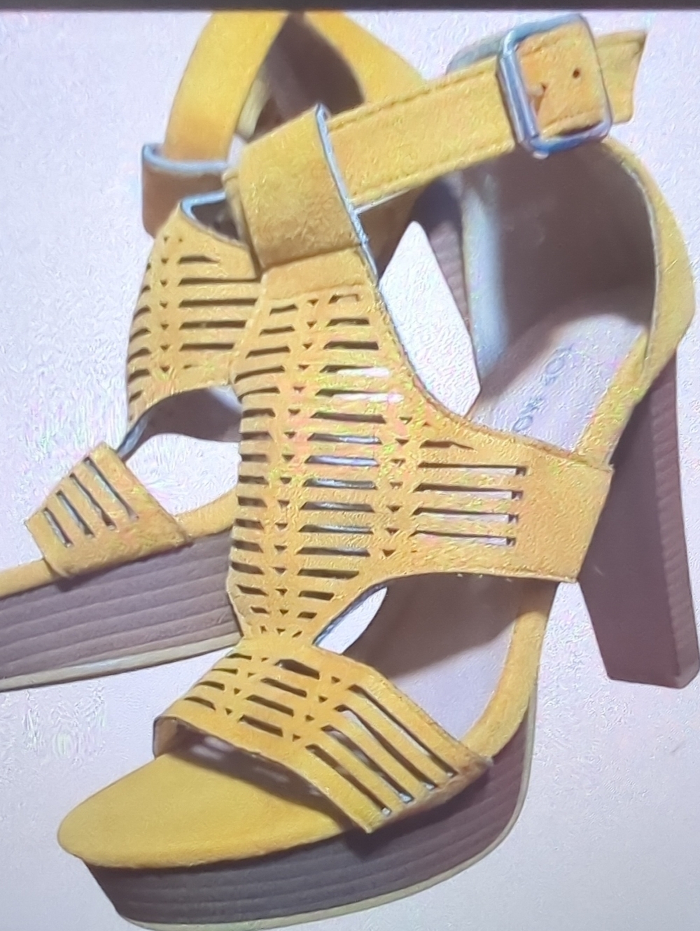 Yellow Laser-Cut High Heel Sandals with Ankle Strap